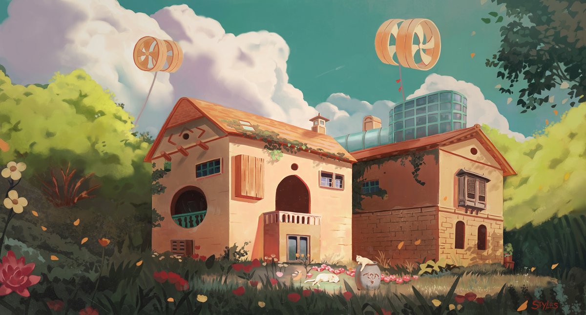 A painting for a project about housing. I was asked to create my ideal home, so i was influenced by the design of the house i grew up in...and Studio Ghibli of course.