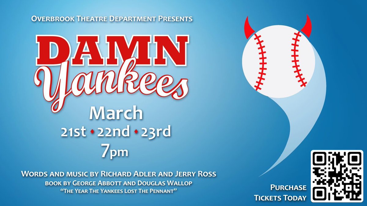Our wonderfully talented theatre department invites you to our spring musical… Damn Yankees! Opening this Thursday, March 21st with shows through Saturday March 23rd. Scan the QR code to purchase your tickets today! ⚾️
