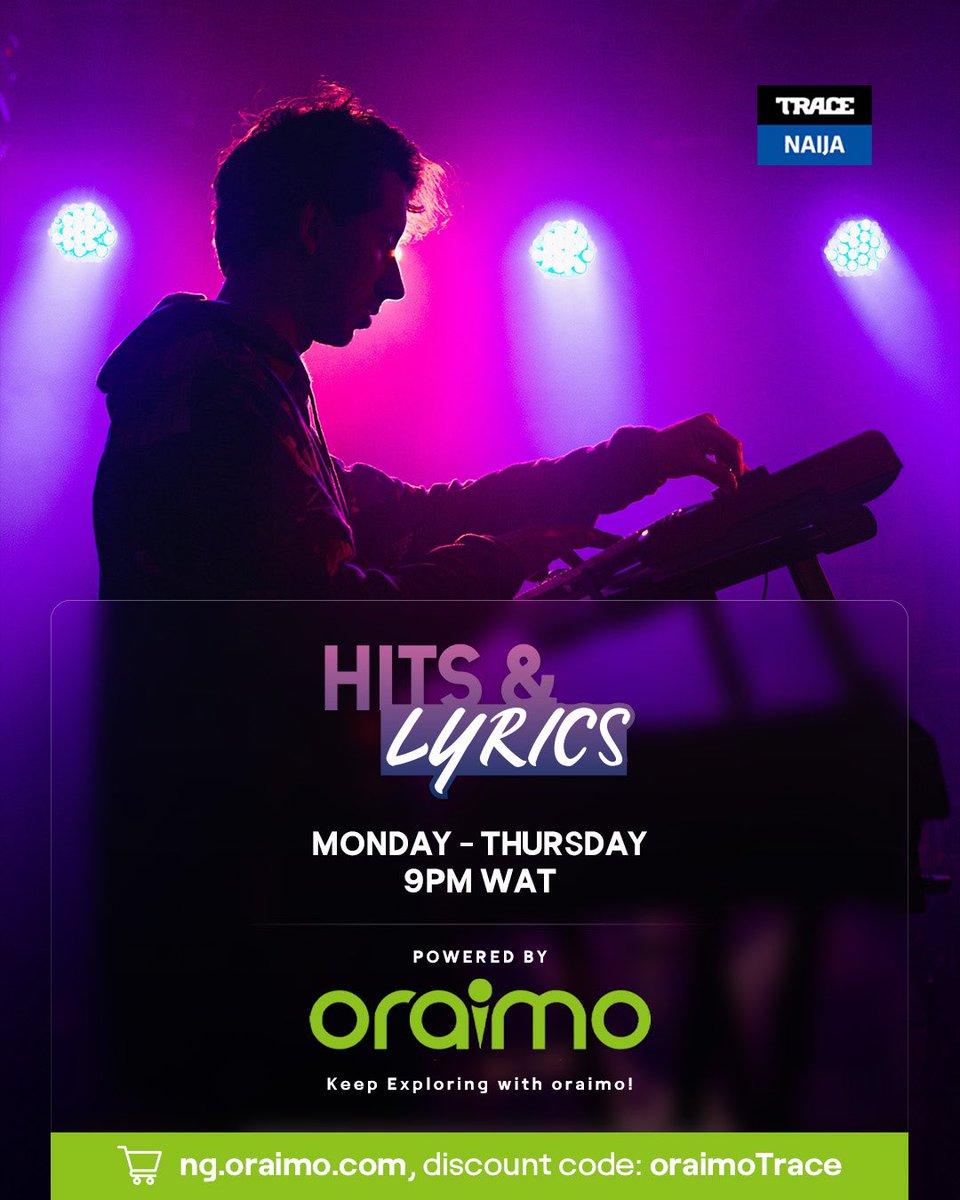 Enjoy the evening catching up on your favorite songs on Hits & Lyrics broadcast Monday - Thursday at 9 PM WAT on #Tracenaija325 brought to you by @OraimoMate Shop some of your favorite oraimo gadgets at reduced prices using our discount code: oraimoTrace #oraimoxTracenaija
