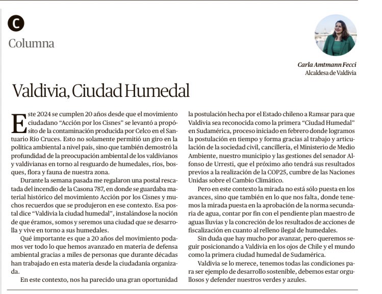 Carla_Amtmann's tweet photo. 🗞 #Valdiviacl 

Hoy estaremos en Santiago en acciones de coordinación con Cancillería y Ministerio de Medio Ambiente por postulación de Valdivia Ciudad Humedal. 

Gracias al enorme trabajo de la sociedad civil y las gestiones del senador @adeurresti 

Aquí algunos detalles 👇🏽 https://t.co/X5FoTLDw7H