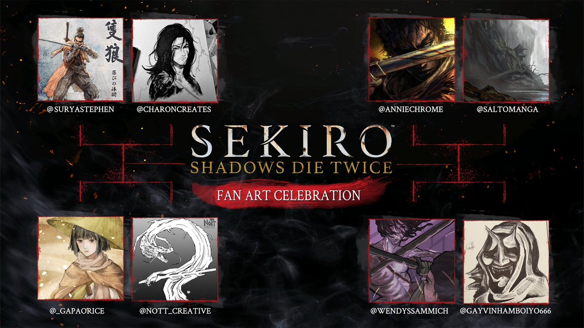 sekirothegame's tweet photo. Introducing the #SekiroFanArtCelebration, featuring 8 talented artists. 

Vote each week. First round of voting begins today! https://t.co/ESRxS2nwm8