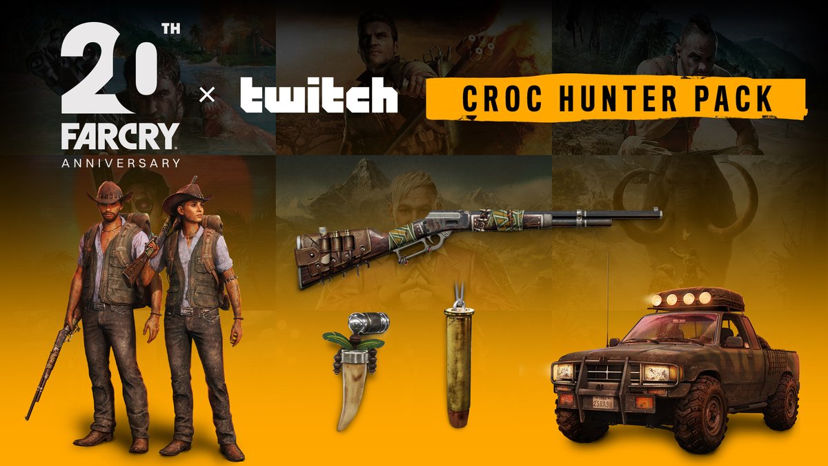 During the anniversary, Twitch Drops are on! Watch one hour of streams from select content creators to get gear from the Croc Hunter Pack, and watch another hour to get the full pack! #FarCry20