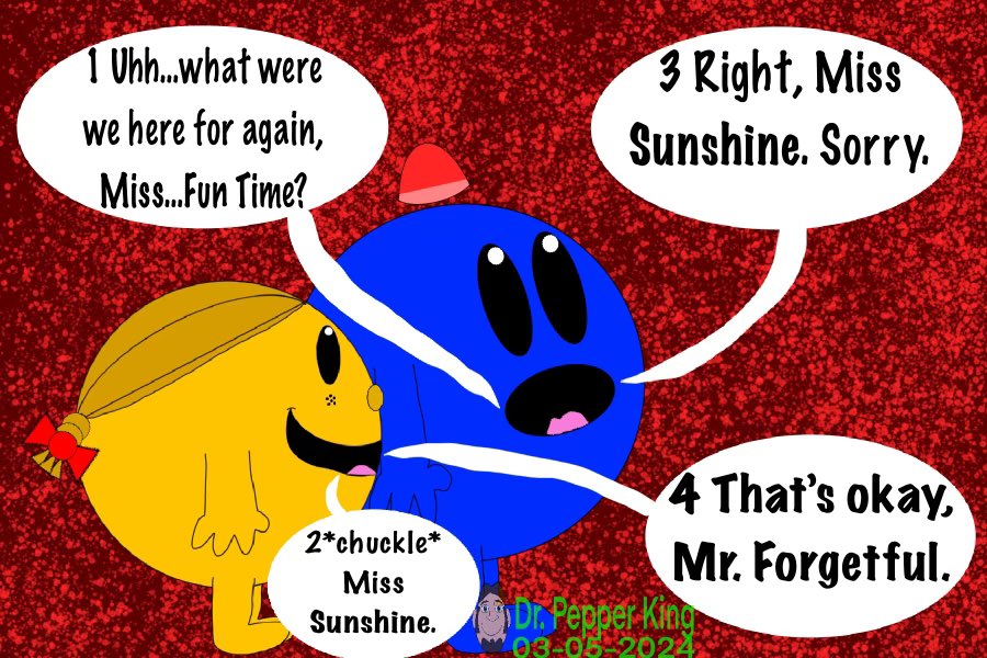 DrPepperKingVA's tweet photo. ๐จMiss Sunshine wants to help Mr. Forgetful.
#TheMrMenShow #MrMenLittleMiss #MissSunshine #LittleMissSunshine #MrForgetful
#FanArt #DigitalArt #ArtMoots #HumanArtSuperior #AIArtInferior #ArtistOnTwitter https://t.co/7kR9CCQ7tV