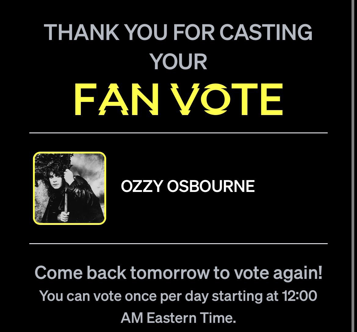 TheOsbournesTV's tweet photo. Remember to vote for Ozzy once every day at https://t.co/6DIQerOVzn https://t.co/TezThdvWiL