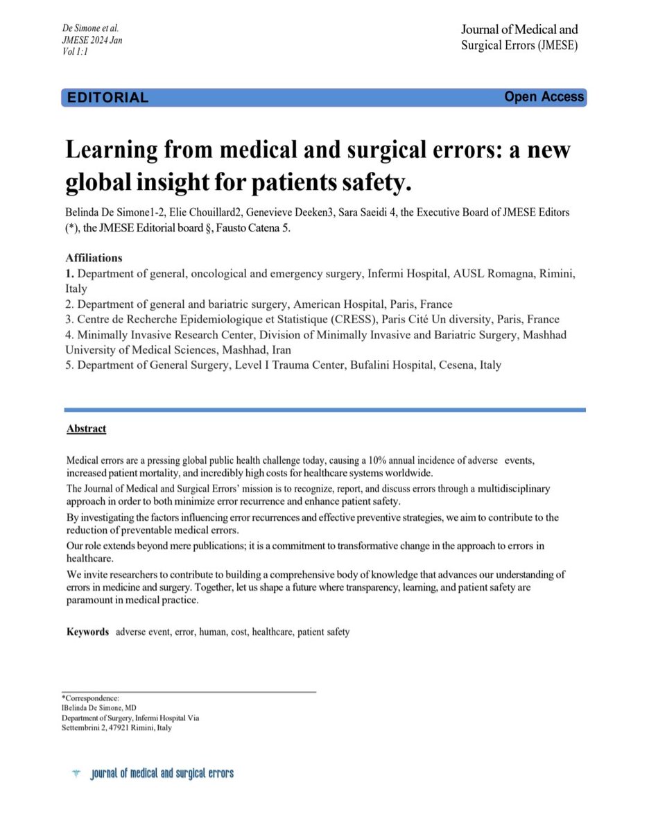 🎉Lauch Alert: JMESE's First Editorial 🎉 In this inaugural edition, an insightful Editorial highlights the significance of interdisciplinary research in addressing Errors in Medicine and Surgery. 📢Now, we invite you to join our Special Issue on 'Patient Safety'! #SoMe4Surgery