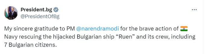 timesofindia's tweet photo. "My sincere gratitude to PM Narendra Modi for the brave action of Indian Navy rescuing the hijacked Bulgarian ship “Ruen” and its crew, including 7 Bulgarian citizens," tweets President of Bulgaria Rumen Radev. https://t.co/YOg6e7aACB