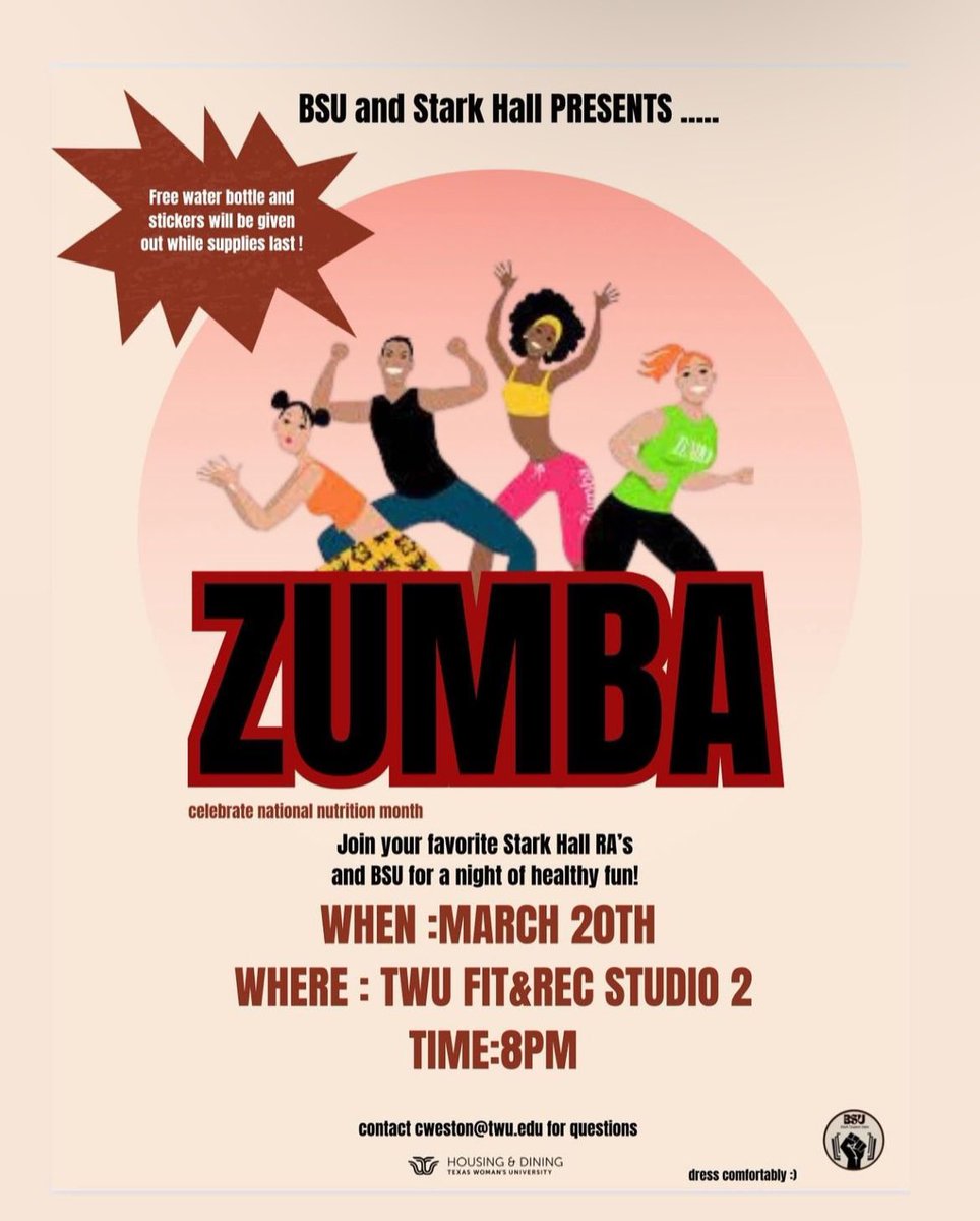 Celebrate Natural Nutrition Month by joining us along with TWUBSU and Stark Hall for a fun night of Zumba! 💙🕊️