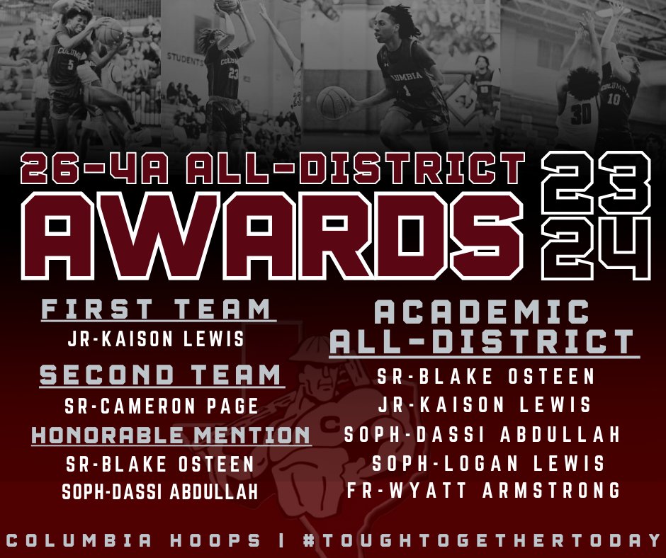 All-District Awards for the 23-24 Columbia Basketball Team! Congratulations to each of these athletes! #ToughTogetherToday #R4TC @CBISDTx @CHSAthl @RoughneckCHS