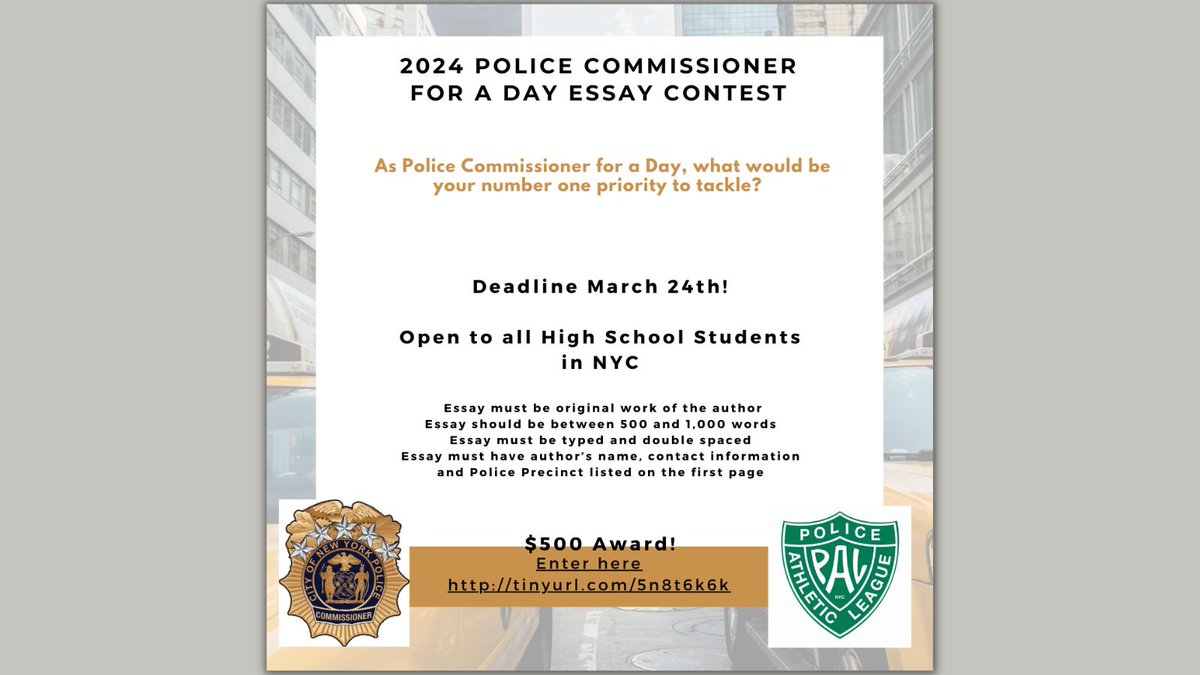 🚨 NYC High Schoolers! Deadline for the Police Commissioner for a Day Contest is now March 24! 📝💼 Open to all NYC high students. Write an essay, win $500! 🏆 Don't wait, seize this extended opportunity! ➡️ tinyurl.com/5n8t6k6k #Palnewyork #YouthEmpowerment