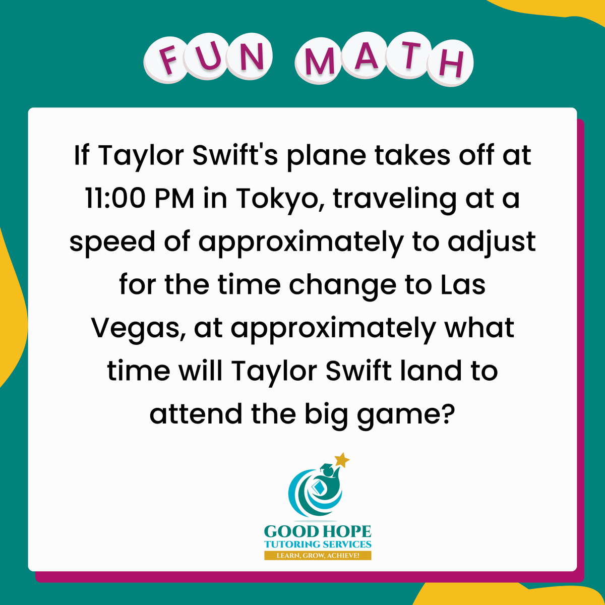 GoodHopeTutors's tweet photo. ✈️ Flying from Tokyo to catch the big game in Vegas like... 🕚 Can you solve the time zone puzzle? Comment your answer below! #TaylorSwift #TravelMath #BigGameBound" https://t.co/ejoJJPmwIZ