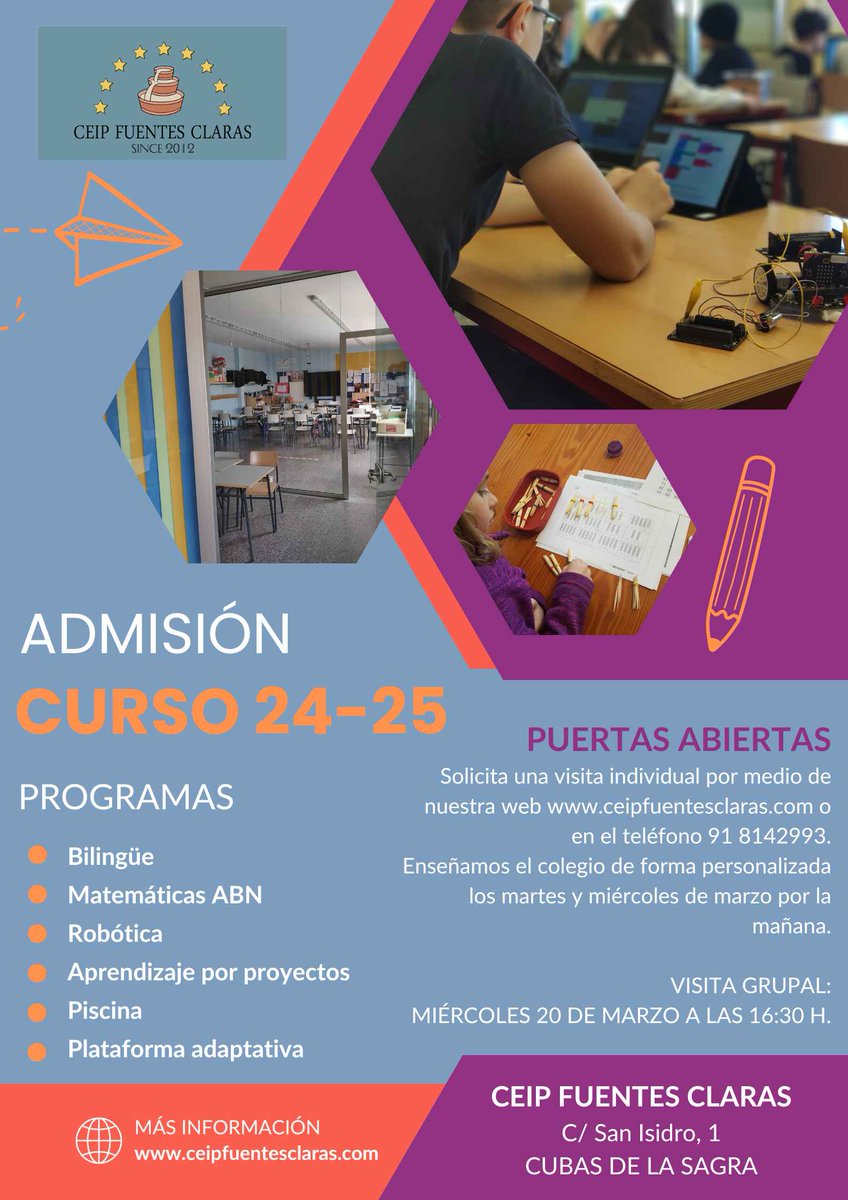 ¡Todavía estás a tiempo! ⌛️ El miércoles enseñamos nuestro cole y respondemos a las dudas sobre el proceso de admisión. 🤗PUERTAS ABIERTAS 20 de marzo a las 16:30. Más info en ceipfuentesclaras.com