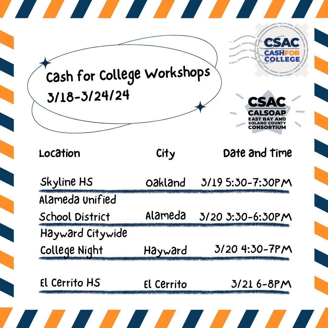 Here is the schedule for our Cash for College workshops for the week of 3/18-3/24! Hope to see you there!

For more information visit:
studentaid.gov/h/apply-for-ai…
dream.csac.ca.gov/landing
cash4college.csac.ca.gov

#ebscc #ebc #csac #workshops #cashforcollege #financialaid