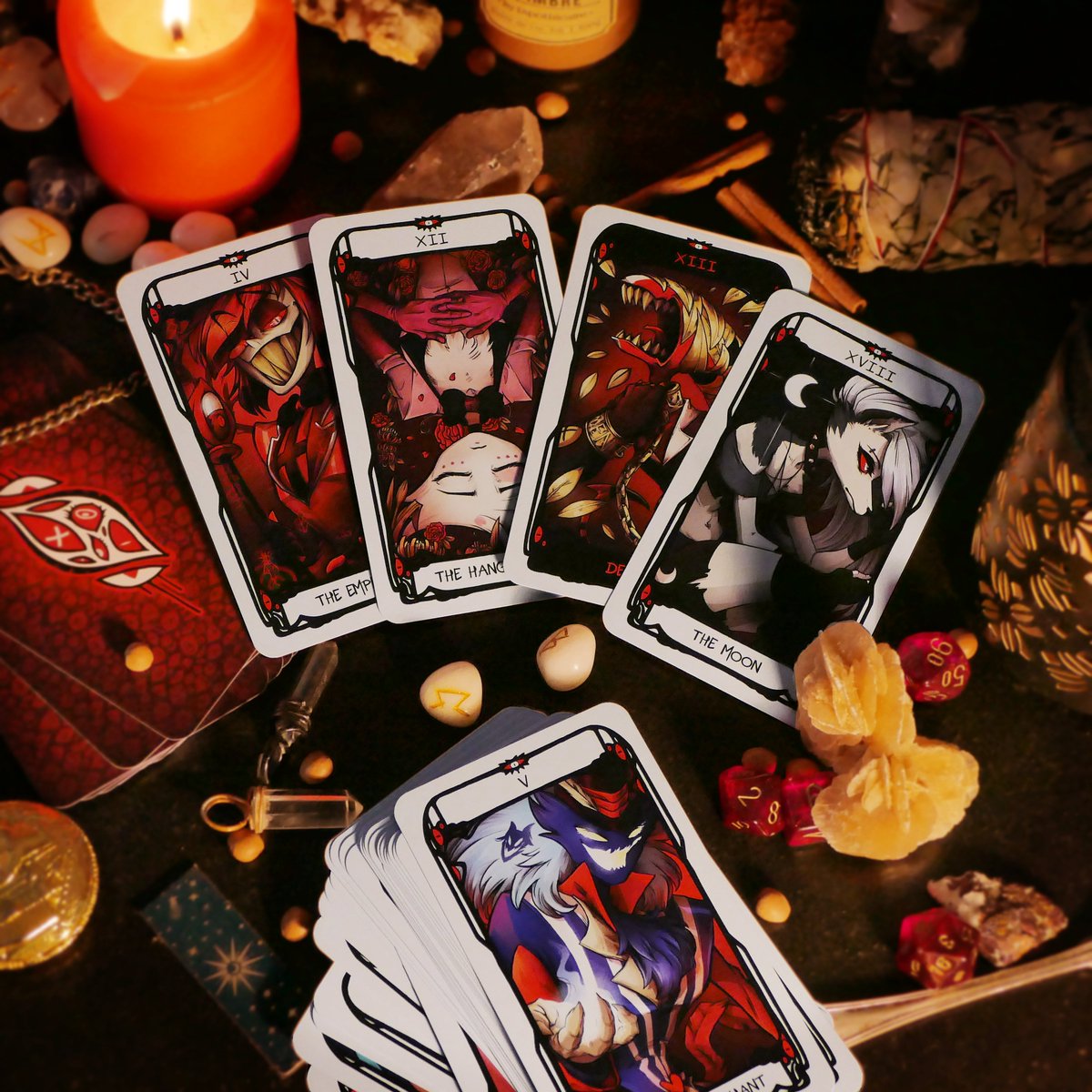 I am THRILLED to announce this : 

✨The HAZBIN HOTEL &amp; HELLUVA BOSS FAN TAROT is NOW AVAILABLE ✨

❤ 78 Cards 
❤ 1 Booklet of 24 pages with interpretations
❤ 1 Box OR 1 Velvet Bag to protect all of it !

All infos (+ more photos)  down the 🧵

#HazbinHotel #HelluvaBoss