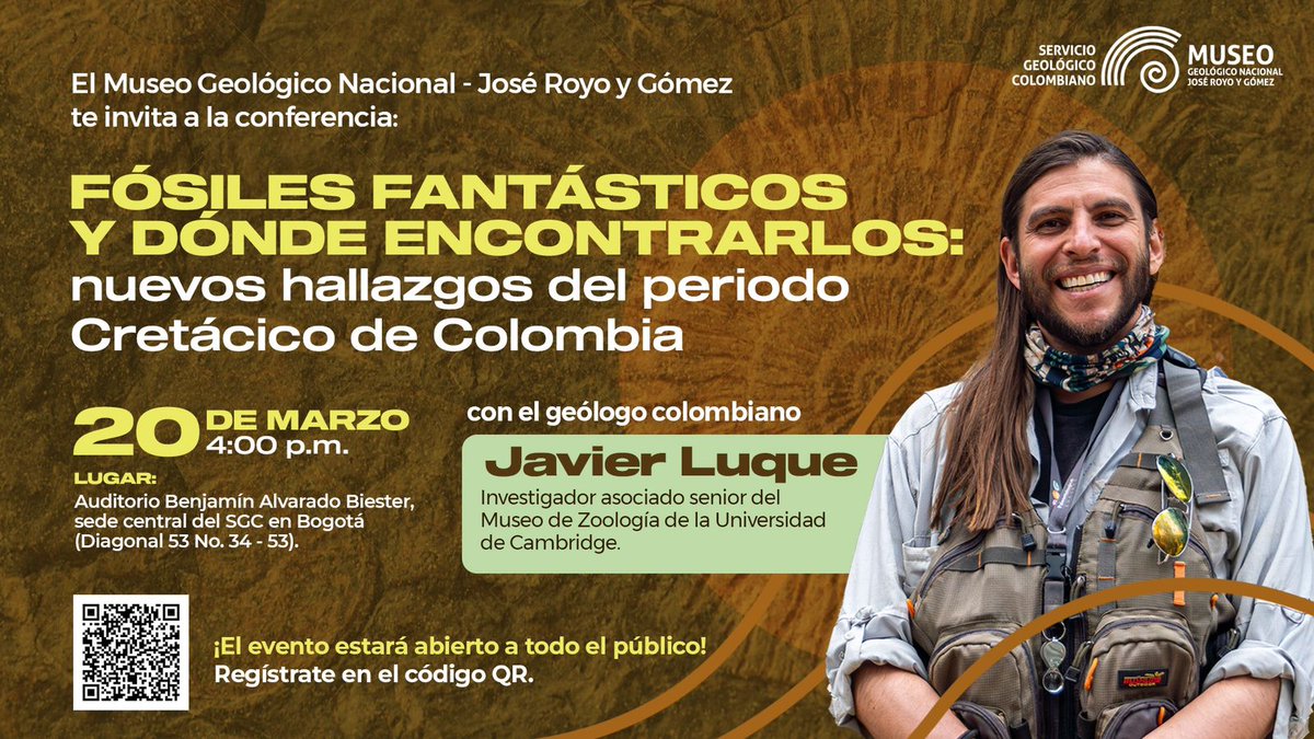 ¿Te interesan los nuevos descubrimientos paleontológicos? Entonces, acompáñanos este miércoles 20 de Marzo a las 4pm en el Museo Geológico Nacional del @sgcol en la charla: '#FÓSILES FANTASTICOS Y DONDE ENCONTRARLOS: Nuevos hallazgos del Periodo Cretácico de #Colombia' 🏔️🔬🦀⭐️