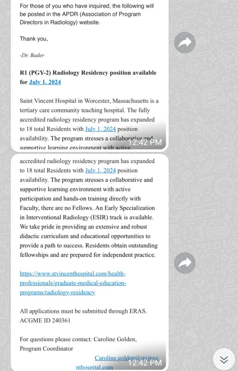 Attention: open PGY2 Radiology position accepting applications for July start at St. Vincents hospital in Worcester, Massachusetts. #Match2024 #SOAP2024 #ERAS #Unmatched2024