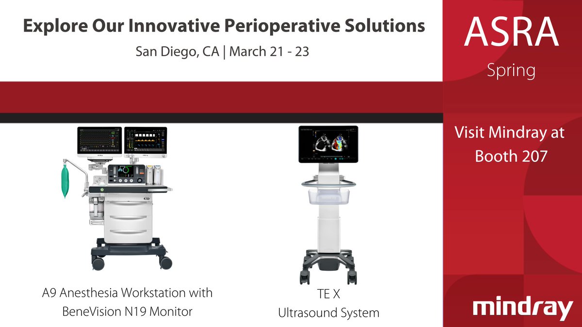 Mindray is exhibiting at ASRA Spring! Connect with our team at Booth 207 to explore our latest perioperative solutions to streamline workflow efficiency and enhance needle visualization to increase patient safety. See you in San Diego! 

#WeAreMindray #MindrayTradeshow #ASRA2024