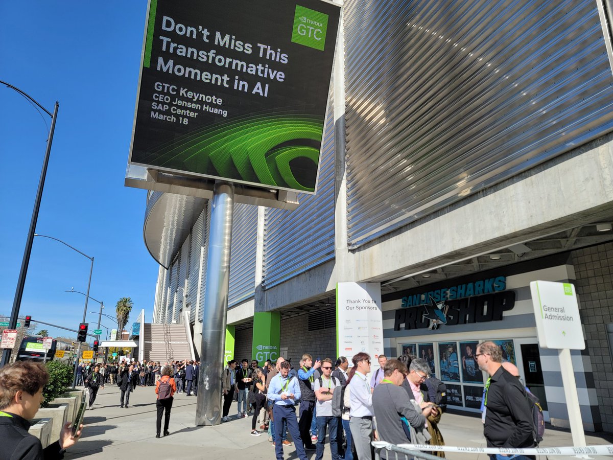 gjack's tweet image. #GTC2024. 
Jensen Huang keynote at 1pm, but lined up since 10am. The first conference long keynote waiting line I've seen since the pandemic.  #NVIDIA GTC is Apple WWDC and Google I/O in the AI era