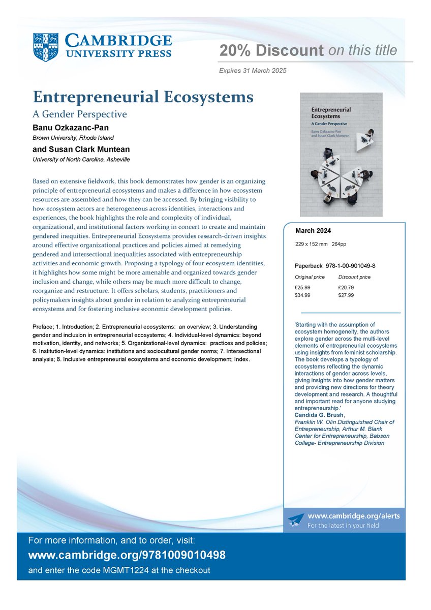 Excited to share that our book on #gender & #entrepreneurial #ecosystems is now available in paperback from @CambridgeUP @Dr_SCM @AOMConnect @ENT_Div_AoM @aomdei cambridge.org/9781009010498