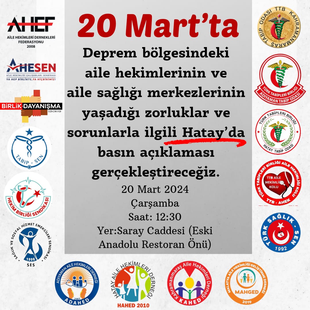 #depremdeğilsizyıktınız aile hekimleri çözüm bekliyor <a href="/AHEF2008/">AHEF</a> <a href="/hekim_birligi/">Hekim Birliği</a> <a href="/turksagliksengm/">Türk Sağlık-Sen</a> <a href="/dayanismasen/">Birlik ve Dayanışma Sendikası</a> <a href="/ahesenorgtr/">AHESEN</a> @Gsi2015 <a href="/GAHD_27/">Gaziantep Aile Hekimliği Derneği</a> <a href="/Kahed46/">Kahramanmaraş Aile Hekimleri Derneği</a> <a href="/Hahed18/">Hahed</a> <a href="/ADAHED1/">Adıyaman Aile Hekimleri Derneği</a>