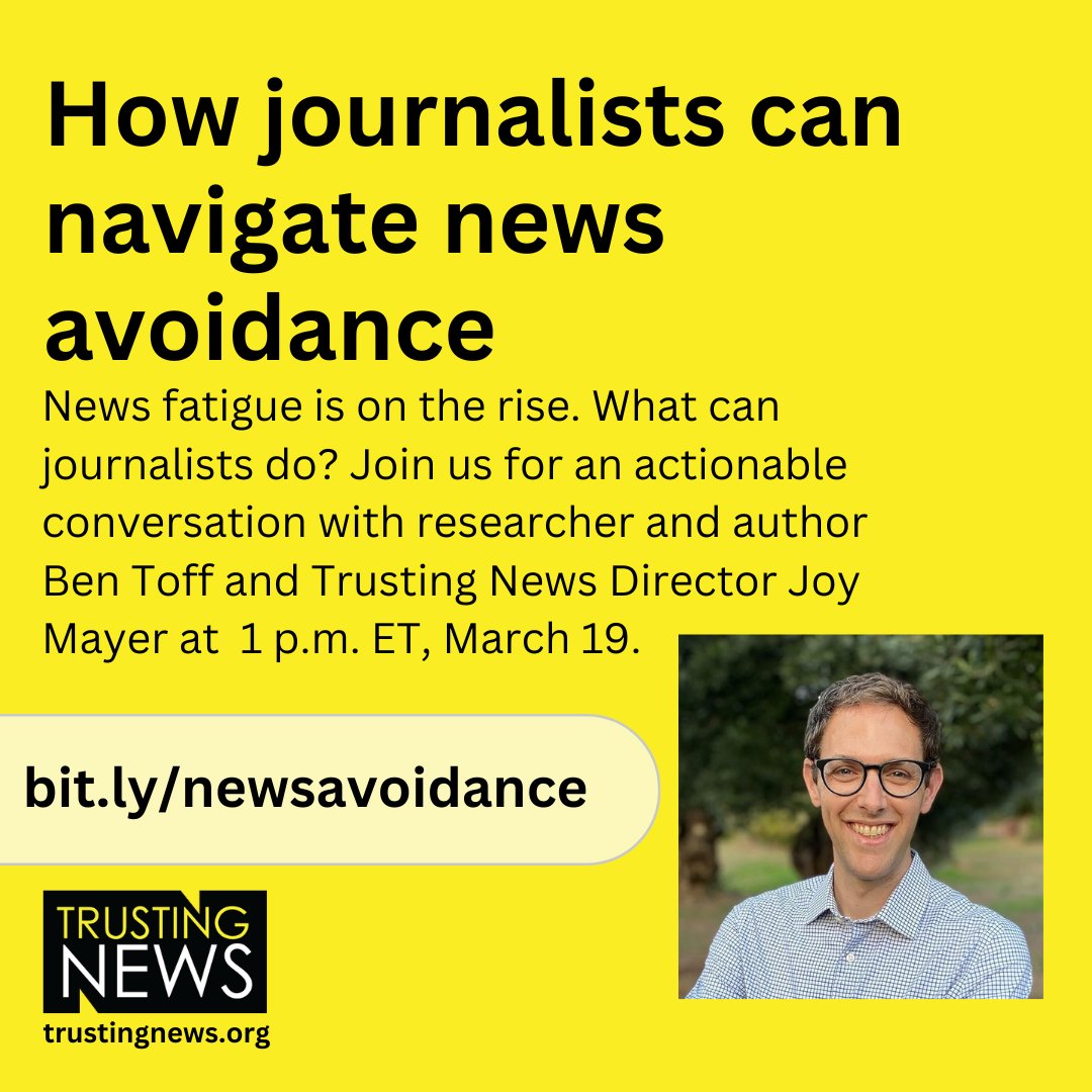 TOMORROW! We're excited to host a conversation with @BenjaminToff and @mayerjoy on how journalists can navigate news avoidance. You'll leave with insights and strategies for what journalists can do to confront news avoidance. Register here >>> bit.ly/newsavoidance