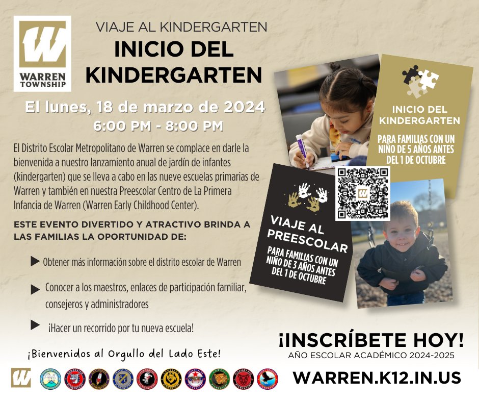 Join us TONIGHT for Warren Township's Kindergarten Kickoff! Held at all 9 elementary schools, register for the 24-25 school year, tour the school, meet teachers, and get all your questions answered! Journey to Preschool will be at the Warren Early Childhood Center! #WarrenWill