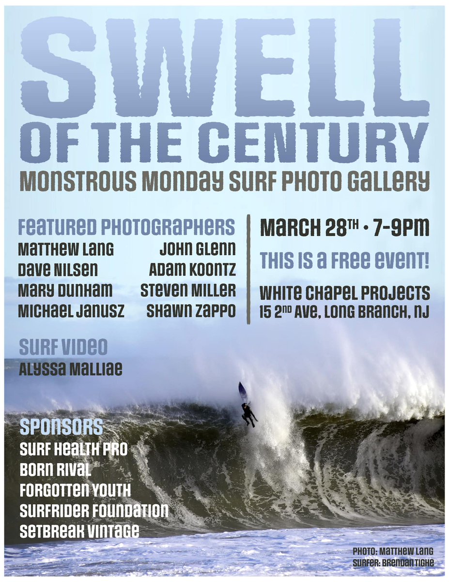 'Were the waves that hit the Jersey Shore on Monday, Dec. 18, 2023, the biggest ever ridden by surfers here?' Surfers will tell the tale at the 'Swell of the Century' Monstrous Monday Surf Photo Gallery show on 3/28 from 7-9 PM at @Whitechapel_NJ. Details: bit.ly/4afxDVX