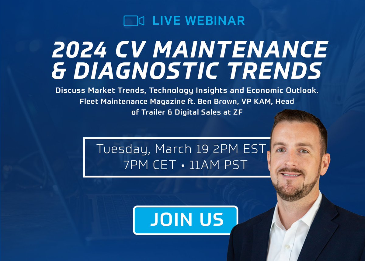 Don't miss an exclusive LIVE webchat tomorrow, March 19. at 2 p.m. EST with @fleetMx featuring ZF's Ben Brown as we discuss 2024 Commercial Vehicle Maintenance & Diagnostic Trends! Secure your spot at: bit.ly/4aaGXuk. #Fleet #Trucking #Technology