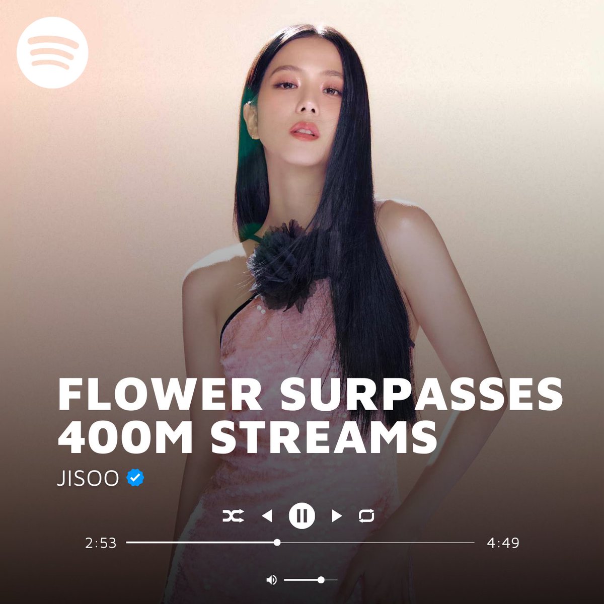 'FLOWER' by #JISOO has now surpassed 400 MILLION streams on Spotify making it the fastest solo song by a Korean Female Soloist to do so! She joins the remaining #BLACKPINK members as the ONLY K-Pop Female Soloists to achieve this.