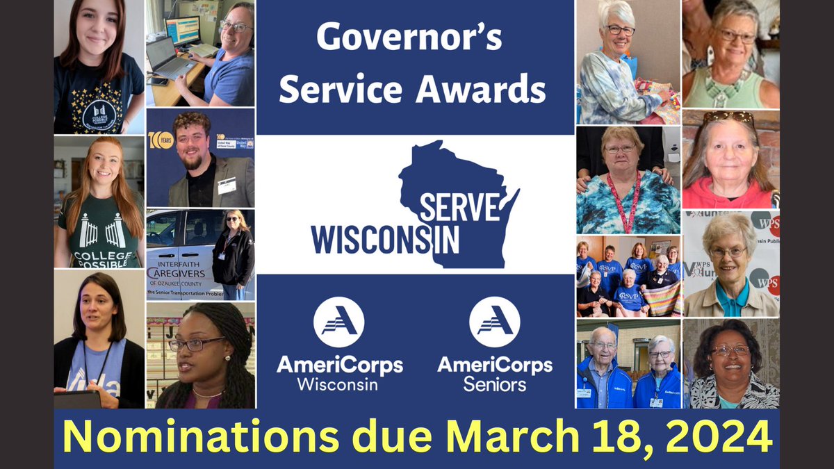 TODAY (March 18) is last day to submit nominations for the 2024 Governor’s Service Awards. The Governor's Service Awards recognize outstanding #ServiceinWI by community volunteers and through @AmeriCorps & @AmeriCorpsSr. Information/Nomination Form: servewisconsin.wi.gov/governors-serv…