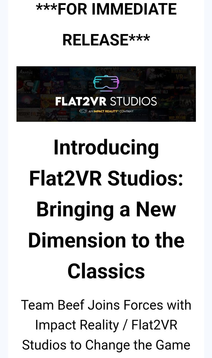 Press Release just went live. Happy to announce @Flat2VRStudios and @ImpactRealityXR collaboration with @TeamBeefVR on bringing classic flat games officially to VR.