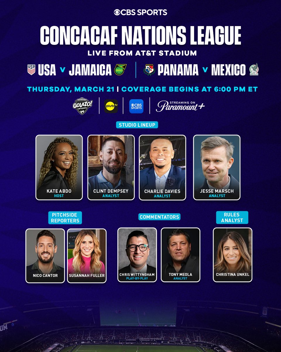 CBS Sports' Concacaf Nations League coverage to originate live from AT&T Stadium in Arlington Semifinals coverage begins on Thursday at 6 PM, ET, on @paramountplus and CBS Sports Golazo Network, with @USMNT vs. Jamaica kicking off at 7 PM, ET, on Paramount+ Full Details: