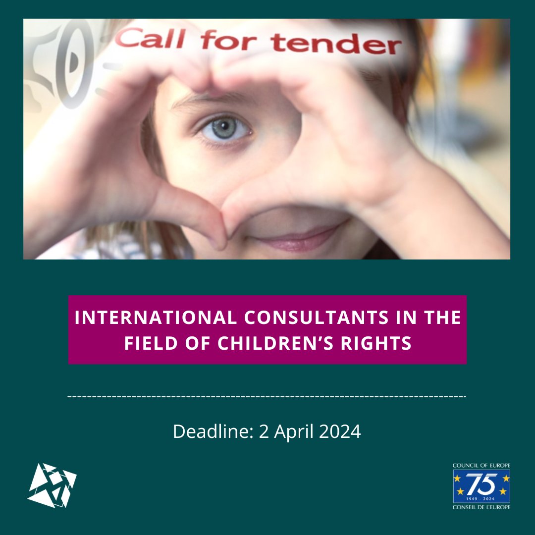 CoE_children's tweet image. 🗣️Our #CallForTender for international consultants has been extended until 2 April 2024!

Seize this opportunity to contribute to @coe efforts in promoting #ChildRights. Apply now! 🌍✍️⤵️

coe.int/en/web/childre…

#CoE4Children