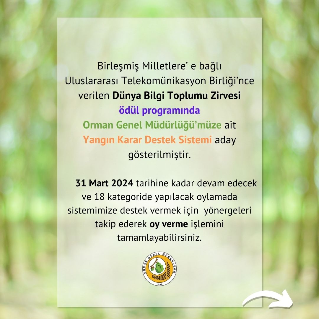 Orman yangınları ile mücadelede yapay zeka dönemi; Yangın Karar Destek Sistemi 💻

Karar Destek Sistemimiz, Birleşmiş Milletler Uluslararası Telekomünikasyon Birliği’nce verilen Dünya Bilgi Toplumu Zirvesi Ödülleri için aday gösterilmiştir. 🏆

Karar Destek Sistemi ile

- Yangın