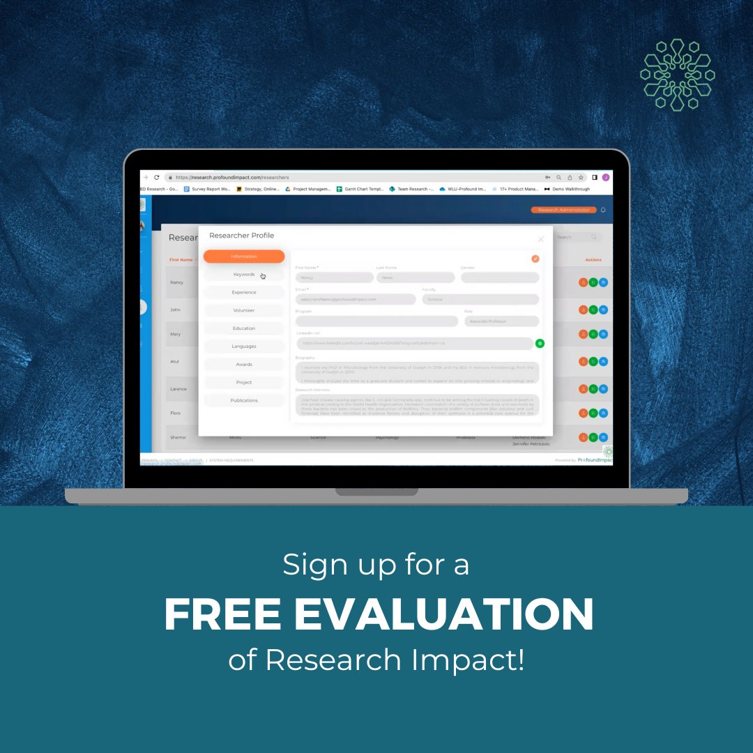 Are you ready to take your research to the next level? Sign up now for a FREE evaluation of your research profile with Profound Impact! Discover how our cutting-edge tools can revolutionize your grant applications and industry collaborations. #FreeEvaluation #ProfoundImpact