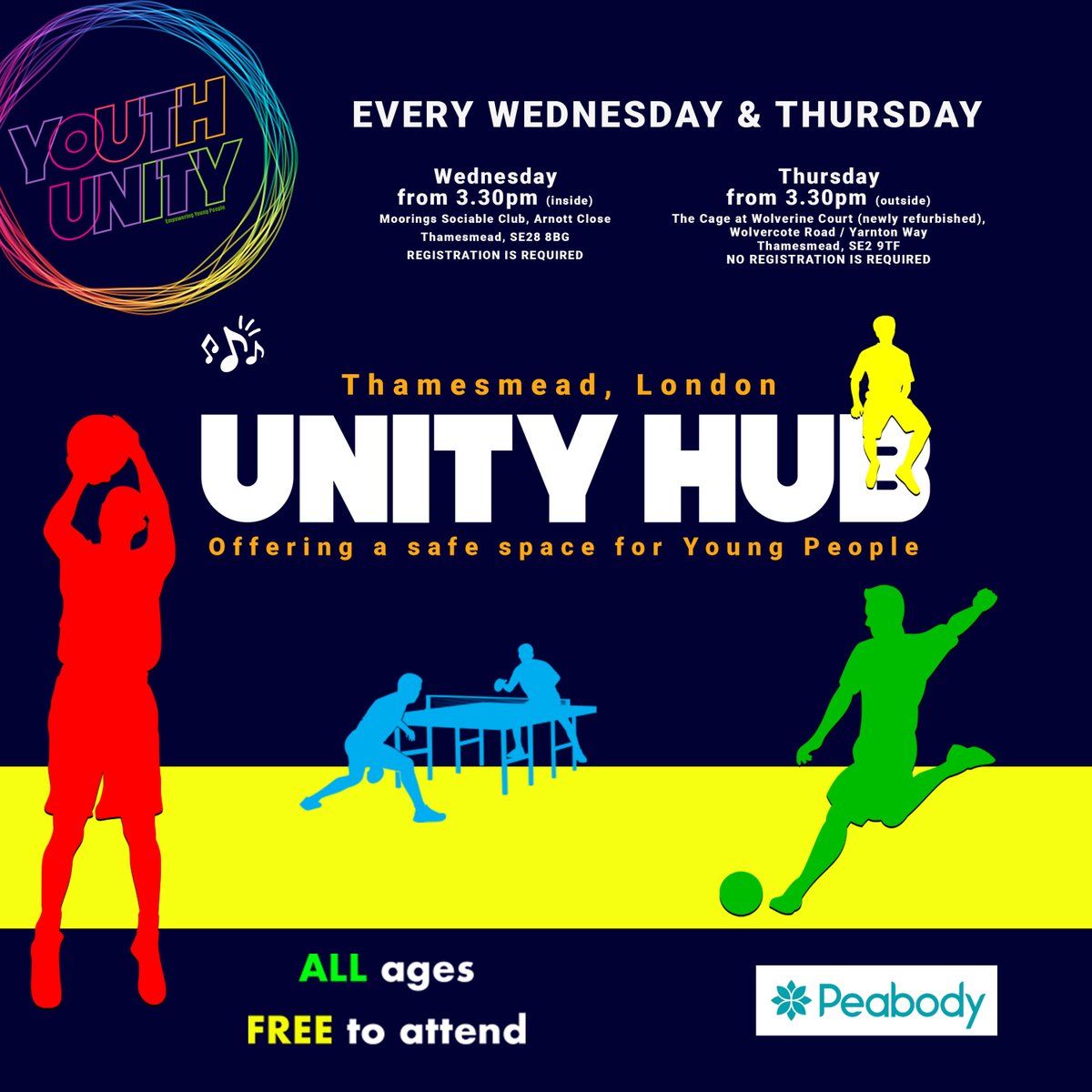 Youth Unity provides a space for young people to take part in activities like sports and music, as well as receive different support services. Sessions take place on Wednesdays (the Moorings) and Thursdays (the Cage). Find out more 👉 bit.ly/43oJH4Y @PeabodyLDN