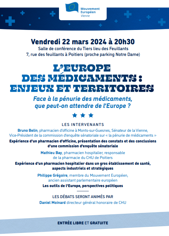 MouvEuropeen_86's tweet photo. Vendredi 22 mars à 20 h 30 à Poitiers au tiers lieu Les Feuillants. 7, rue des feuillants. L'Europe des Médicaments : enjeux et territoires. Face à la pénurie de médicaments que peut-on attendre de l'Europe ? https://t.co/BgkTiBEL7l