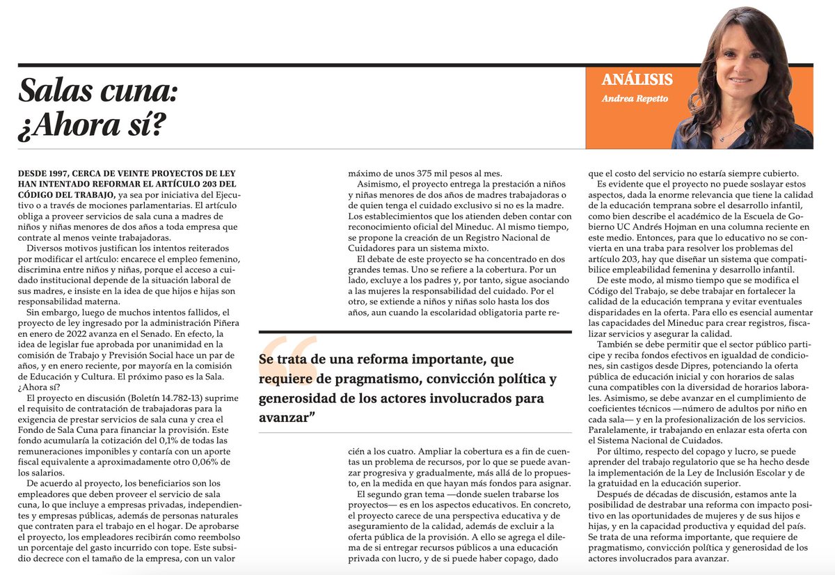 🗣️ "Estamos ante la posibilidad de destrabar una reforma con impacto positivo en las oportunidades de mujeres y de sus hijos e hijas, y en la capacidad productiva y equidad del país", señala nuestra directora #AndreaRepetto sobre el proyecto de sala cuna universal