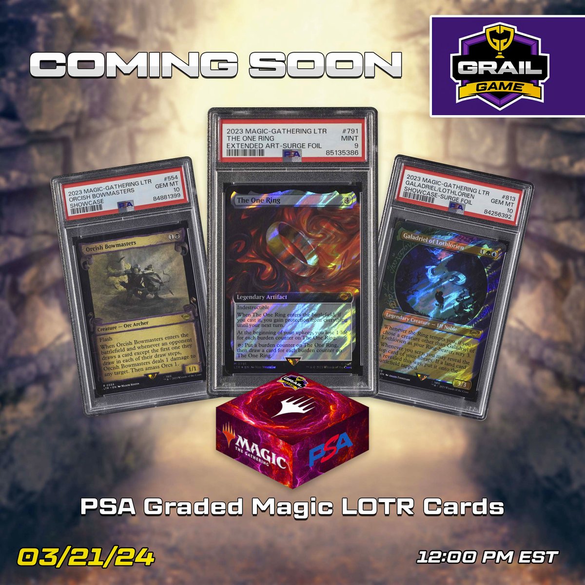 PlayGrailGame's tweet photo. #GrailGamers! #LOTRFans! #MTGFans! Get ready for an epic quest coming this Thursday, 03/21/24 at 12:00 PM EST 📌 Introducing PSA Graded Magic LOTR Cards #MysteryBox Game! 🎮💫
Each card is PSA Graded and GEM MINT 9’s & 10’s 💎 Prepare to see the iconic landscapes of The #LordoftheRings, combined with the gameplay of #MagicTheGathering. This isn't just a game; it's a journey into the heart of Middle-earth, where each card tells a story, and each mystery box is a gateway to legendary battles and unparalleled adventures! ✨
TOP HITS 🏆 GALADRIEL/LOTHLORIEN (813) Showcase-Surge Foil GEM MT 10, ORCISH BOWMASTERS (554) Showcase - GEM MT 10, THE ONE RING (791) Extended Art - Surge Foil MT 9
Mark your calendars and set your alarms, Your adventure begins on Thursday 03/21 - 12:00PM EST! 💥 Only at https://t.co/bfDatljFOH
#UnlockMiddleEarth #MagicLOTR #LegendaryQuest #TCG #TCGCards #TCGCollectors #mtg #mtgcommunity #mtgaddicts #mtgcommander #mtgcards #mtglife #mtgedh #mtgdaily #mtgcard #mtgcollection #mtgarena #magicthegatheringcards #mtgmodern #mtgaddict #mtgfoil #mtglegacy #mtgalters #oldschoolmtg #tcgcardplayer