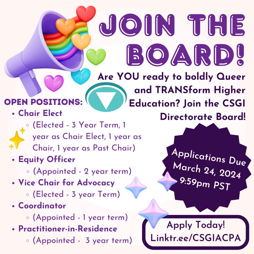 Are you ready to #boldlyqueer and #boldlytransform higher education? Then join us on the CSGI Directorate Board!! We are actively looking for new folx to join us for the next year and beyond! Applications are due March 24th at 9:59PM PST!!
Apply today:  docs.google.com/forms/d/e/1FAI…