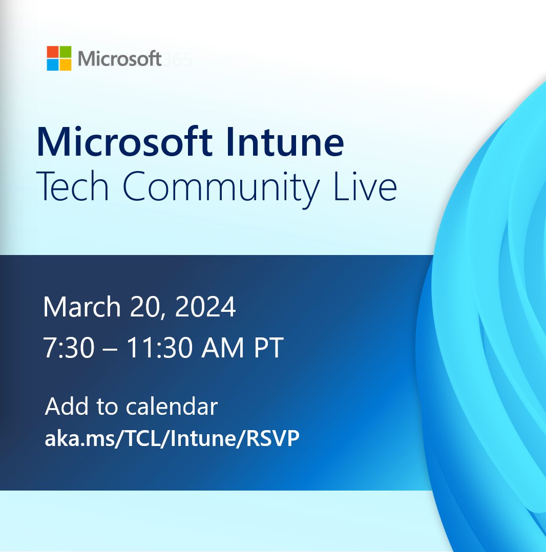 It's almost time for Tech Community Live!!! Visit aka.ms/TCL/Intune, sign in, start posting your questions early for our 4 amazing AMAs with the #MSIntune engineering teams!