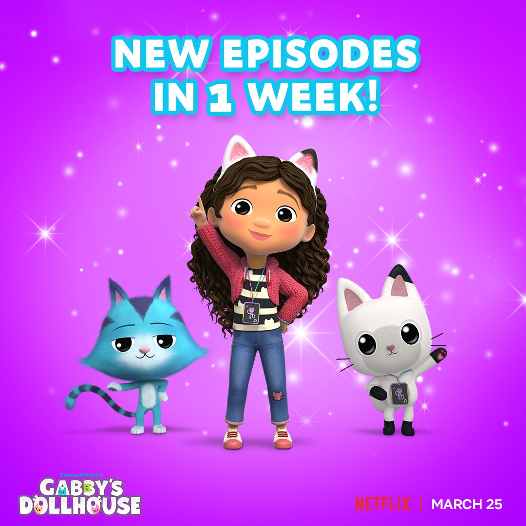 Cat-tastic mews! 🎉 We are officially one week away from brand-new episodes of #GabbysDollhouse on @Netflix!