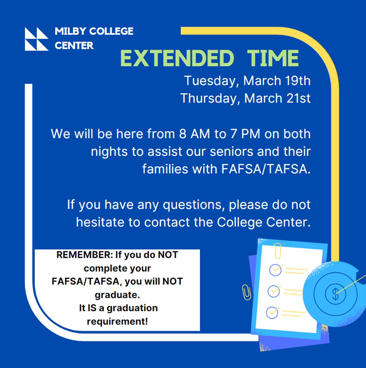 Milby_HS's tweet photo. Attention Seniors! Take advantage of Milby College Center's extended time to help you complete your FAFSA/TAFSA. https://t.co/hXpFsSEpAN