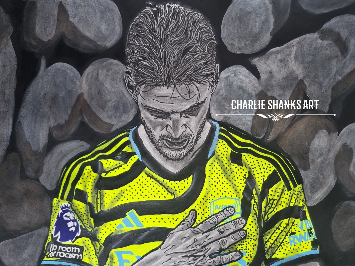 My new drawing of Declan Rice in the away kit 💚🖤🎨

How good has he been Gunners? 🔝

Hand drawn/painted on A3 paper using a mix of acrylics, pens, pencils and graphite powder 🎨

Retweets most appreciated 🥰 <a href="/_DeclanRice/">Declan Rice</a> <a href="/Arsenal/">Arsenal</a>