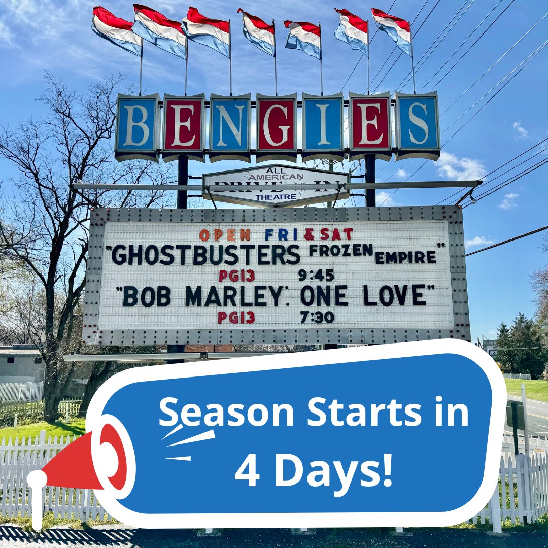In just 4 days, our 69th season begins! March 22 & 23 ONLINE TICKETS Encouraged. 6:45 PM - Box Office opens 7:30 PM - “BOB MARLEY: One Love” PG13 9:45 PM - “GHOSTBUSTERS FROZEN EMPIRE” PG13 10:00 PM - Box Office closes March 29 & 30: “GHOSTBUSTERS FROZEN EMPIRE” PG13 / TBD