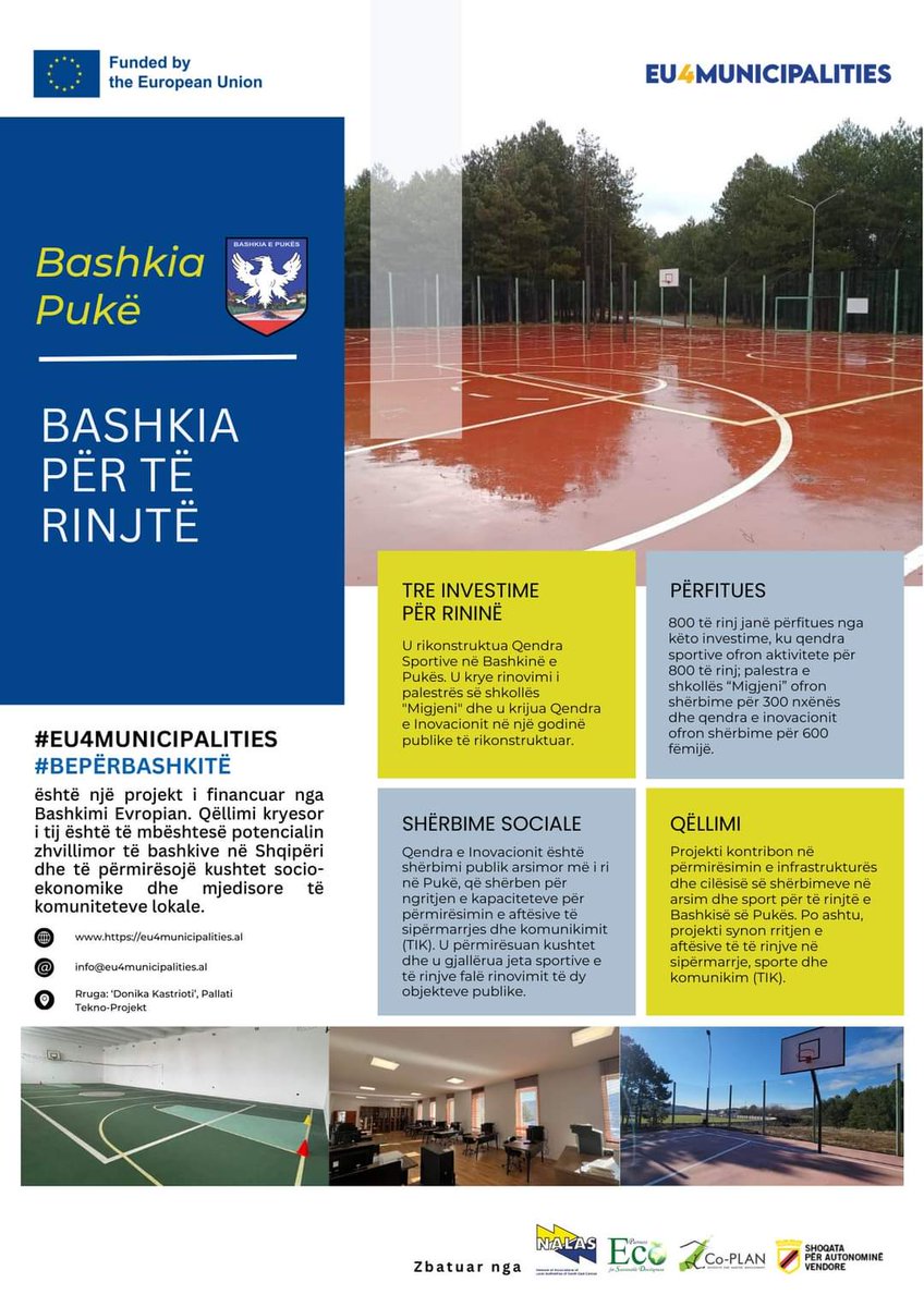 eu4_m's tweet photo. Thanks to funds from the European Union, the municipality of Puka has been able to reconstruct the Sports Center, renovate the "Migjeni" school gym, and establish the Innovation Center. @EUinAlbania @nalas_eu #albania #eu4m #BEpërBashkitë #Puka https://t.co/XrMmltyjYV