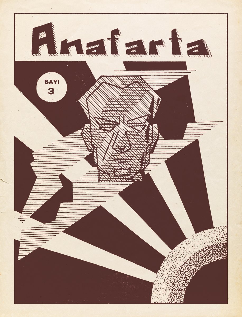 Çanakkale Halkevi’nin çıkardığı “Anafarta” dergisinin 1934 sayısının kapağı avangart bir görsel dile sahip olduğu için beğenirim. Mustafa Kemal sitilizasyonu da keza ilginçtir. Tasarımın lekesel olması belki kolay basılsın diye zorunluluktan, ama grafik gücünü artırmış.