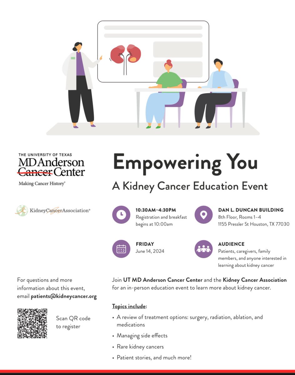 Very excited to partner with @KidneyCancer and @MDAndersonNews for the Empowering You #KidneyCancer Education Event for Patients and Caregivers. @PavlosMsaouel @SurenaMatinMD @GEVaughan1 @ChadTangMD @kaydaustin