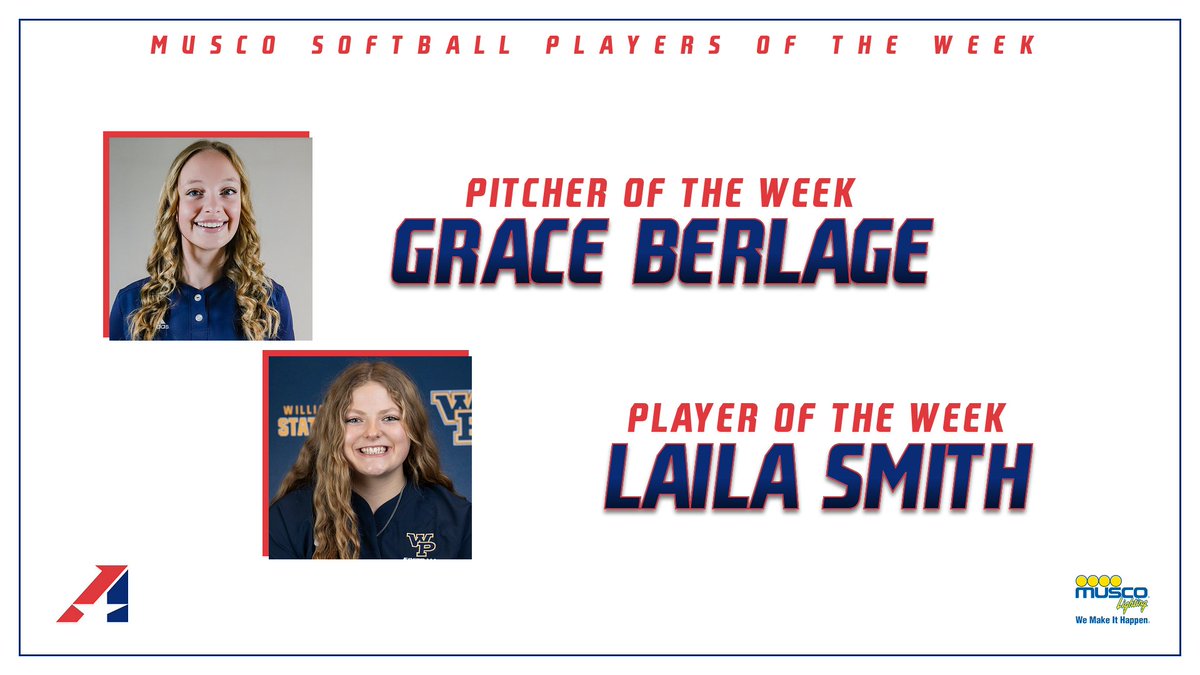 TheHeartConf's tweet photo. 🥎, Berlage of @mnusports and Smith of @WPUAthletics Capture @MuscoLighting Softball Pitcher and Player of the Week Awards!

https://t.co/dds7rVaiVT https://t.co/R1HWf3Wr6S