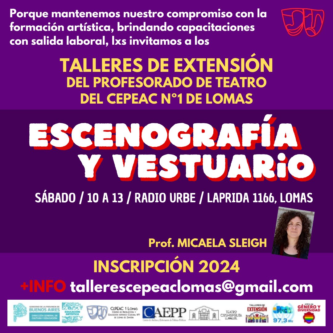 Cepeac1Lomas's tweet photo. HORARIOS DE LOS TALLERES DE EXTENSIÓN 2024
+INFO tallerescepeaclomas@gmail.com
ESCENOGRAFÍA Y VESTUARIO / SAB de 10 a 13hs. / INICIO 23/3
Radio Urbe https://t.co/aHCLyMpzuz