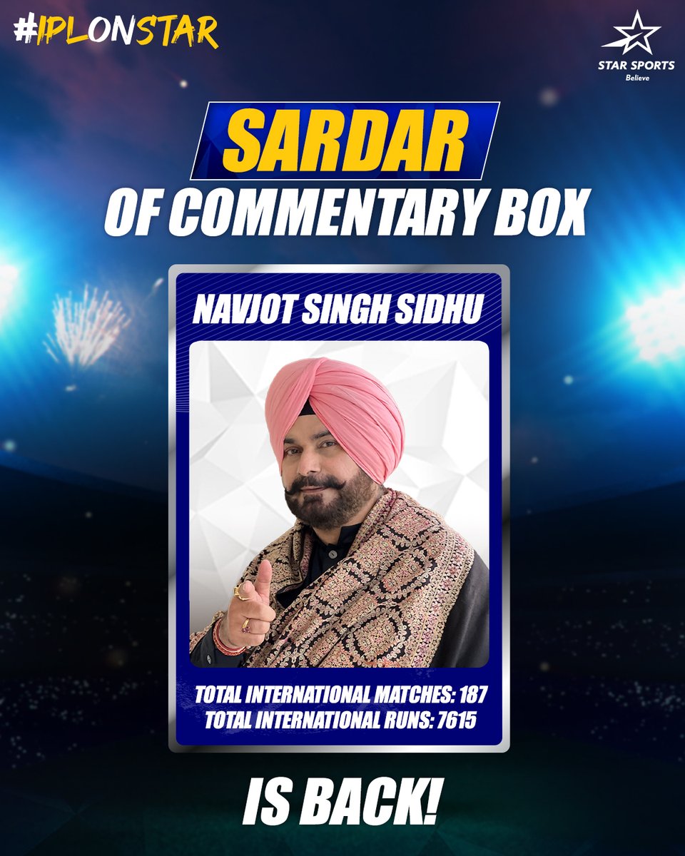 A wise man once said, "Hope is the biggest ‘tope’"

And this wise man, the great <a href="/sherryontopp/">Navjot Singh Sidhu</a> himself, has joined our Incredible StarCast! 👏

Don't miss his incredible commentary (and gajab one-liners) in #IPLOnStar - STARTS MAR 22, 6:30 PM onwards, LIVE on Star Sports Network!